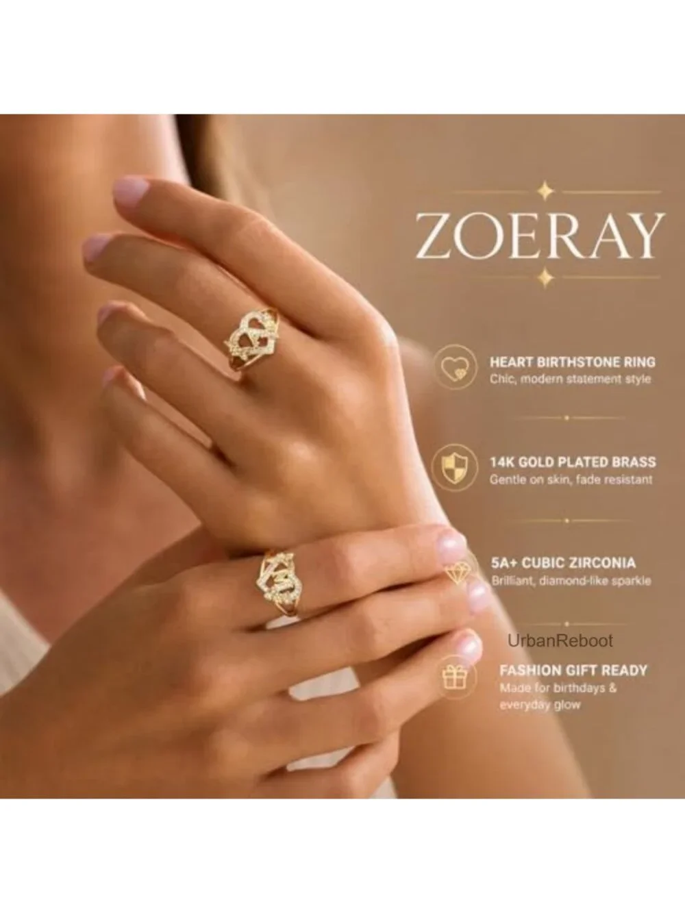 Dainty Initial Gold Plated Heart Cubic Zirconia Ring Stackable Size 6-10